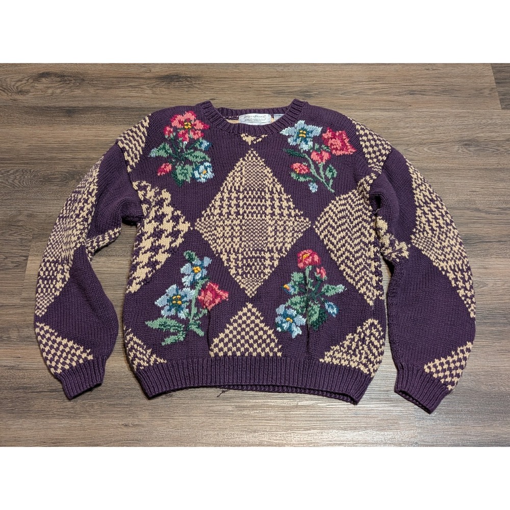 Signatures by Northern Isles Knitted Floral Diamond Pattern‎ Sweater Large READ